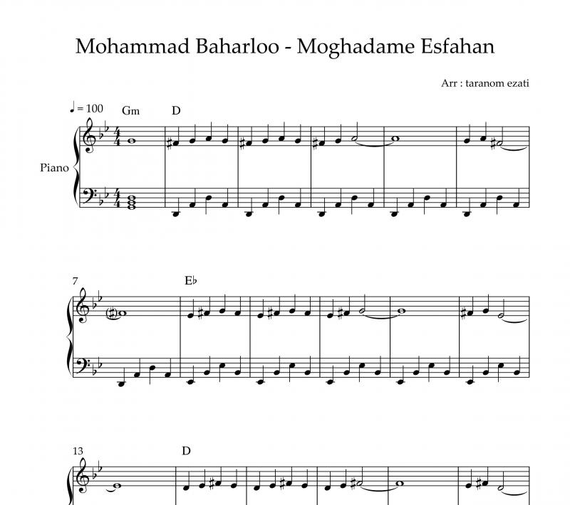 نت آهنگ مقدمه ای بر اصفهان محمد بهارلو برای پیانو به آهنگسازی محمد بهارلو و تنظیم ترنم عزتی