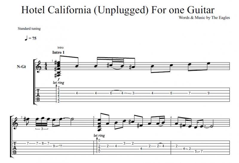 نت آهنگ Hotel California برای گیتار به آهنگسازی گروه ایگلز و تنظیم سینا حسن پور