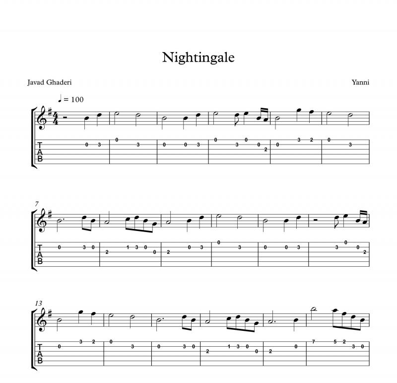 نت آهنگ Nightingale از یانی برای گیتار به آهنگسازی یانیس کریسومالیس و تنظیم جواد قادری
