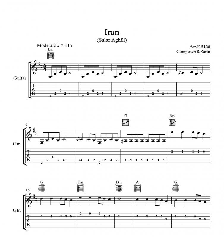 نت آهنگ ایران از سالار عقیلی به برای گیتار به آهنگسازی بابک زرین و تنظیم گروه نت دونی