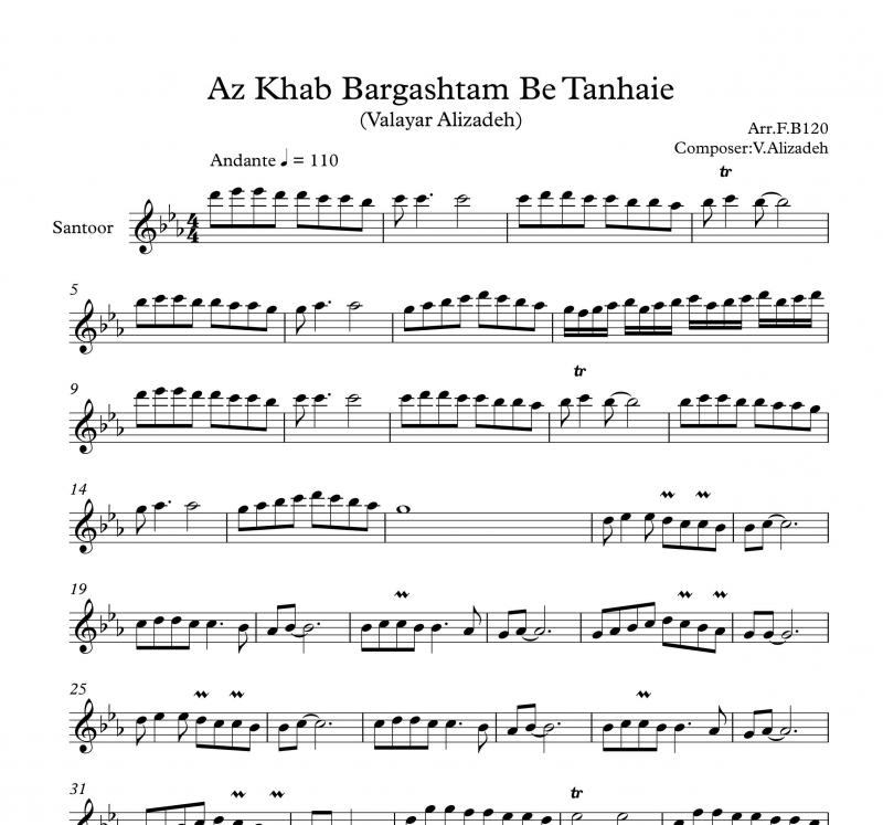 نت آهنگ از خواب برگشتم به تنهایی برای سنتور به آهنگسازی والایار علیزاده و تنظیم گروه نت دونی