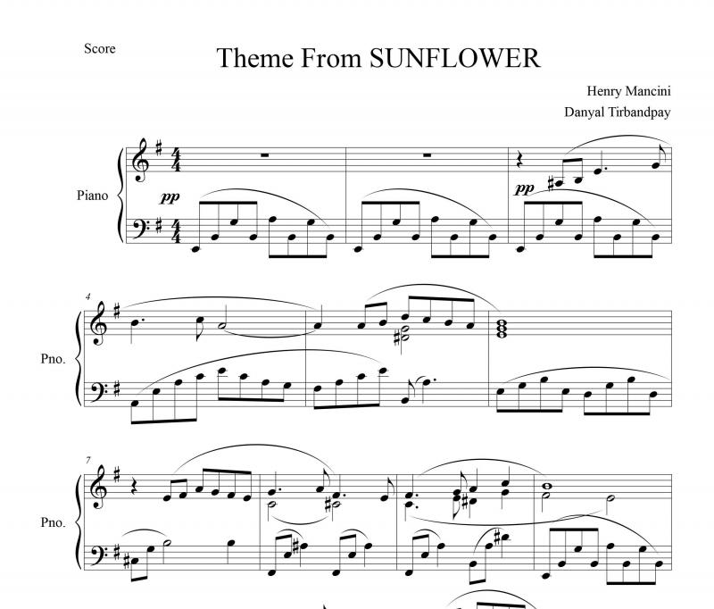 نت آهنگ sunflower برای پیانو به آهنگسازی هنری مانچینی و تنظیم دانیال تیربندپی