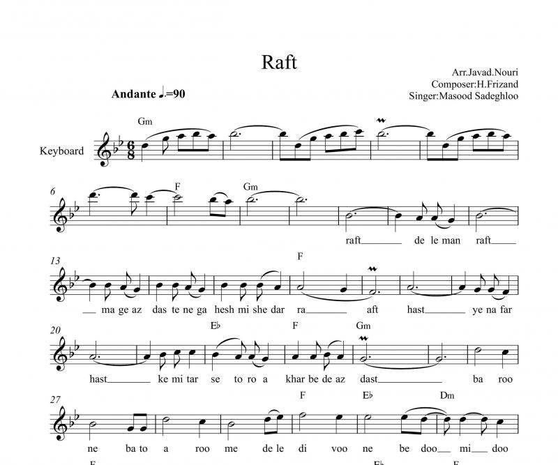 نت آهنگ رفت به با تنطیم برای کیبورد به آهنگسازی مسعود صادقلو و تنظیم جواد نوری