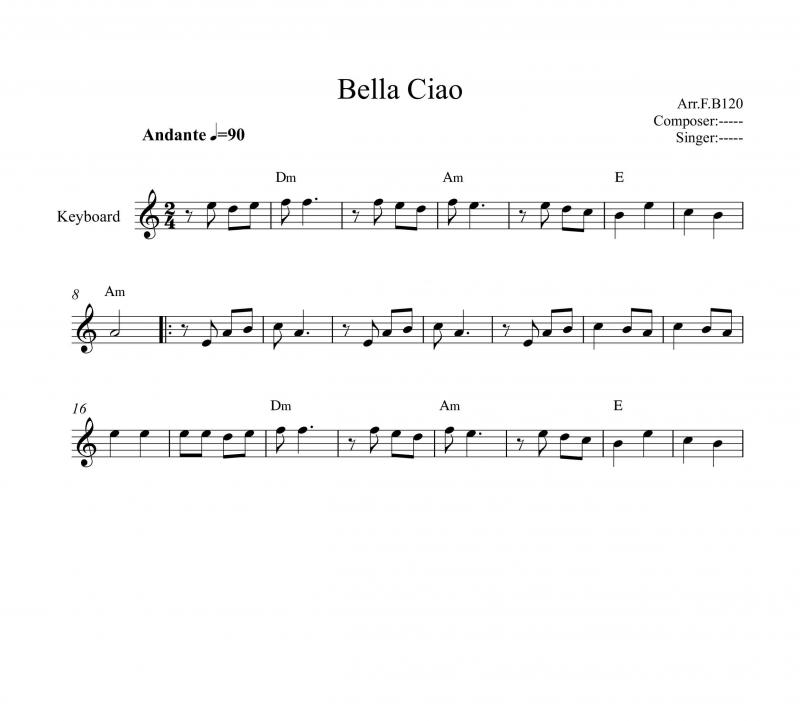 نت آهنگ بلاچاو Bella Ciao به برای کیبورد به آهنگسازی مانلی جمال و تنظیم گروه نت دونی