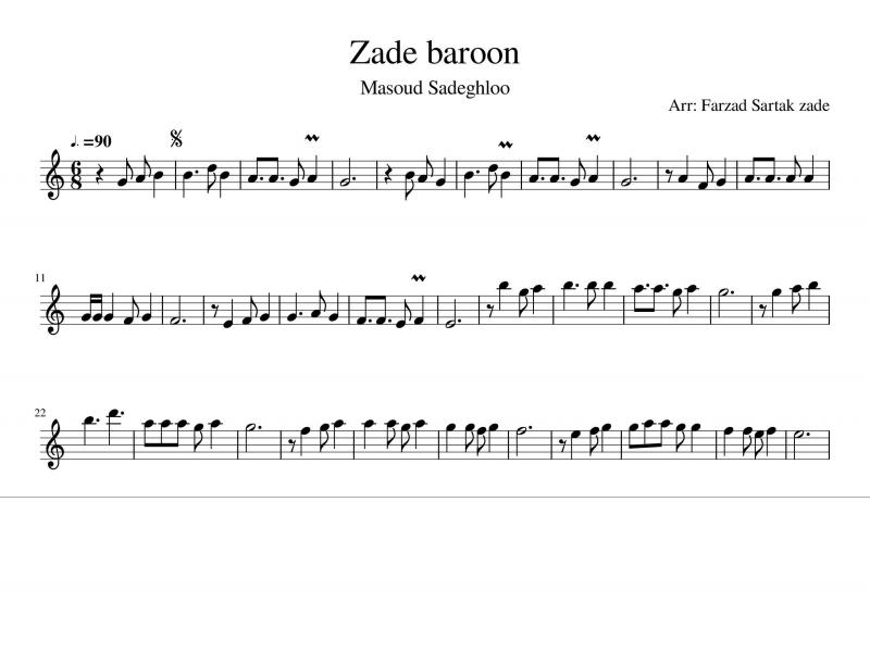 نت آهنگ زده بارون برای ویولن به آهنگسازی مسعود صادقلو و تنظیم فرزاد سرتک زاده