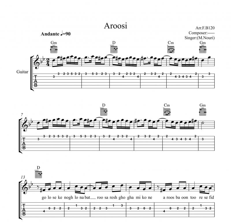 نت آهنگ عروسی محمد نوری و برای گیتار به آهنگسازی محمد سریر و تنظیم گروه نت دونی