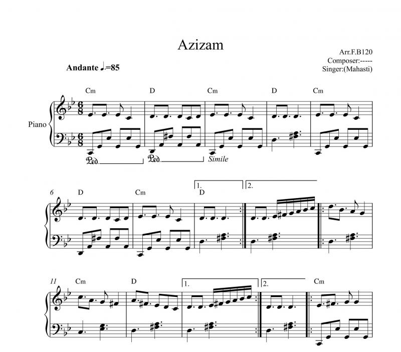 نت آهنگ عزیزم مهستی برای پیانو به آهنگسازی جهانبخش پازوکی و تنظیم گروه نت دونی