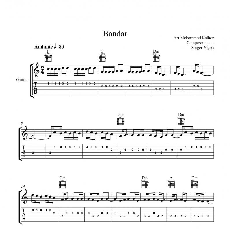 نت آهنگ بندر ویگن و برای گیتار به آهنگسازی سورن الكساندر مايليان و تنظیم محمد کلهر