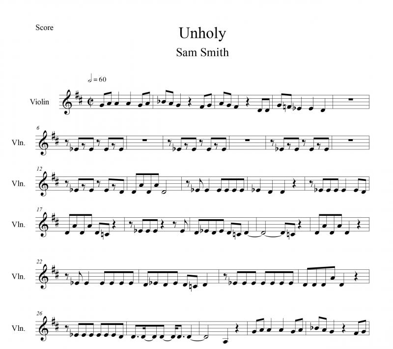 نت آهنگ Unholy از Sam Smith برای ویولن به آهنگسازی سینا حسن پور و تنظیم سینا حسن پور