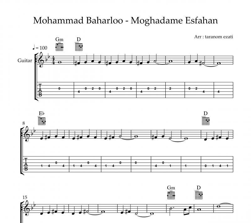 نت آهنگ مقدمه ای بر اصفهان محمد بهارلو و برای گیتار به آهنگسازی محمد بهارلو و تنظیم ترنم عزتی