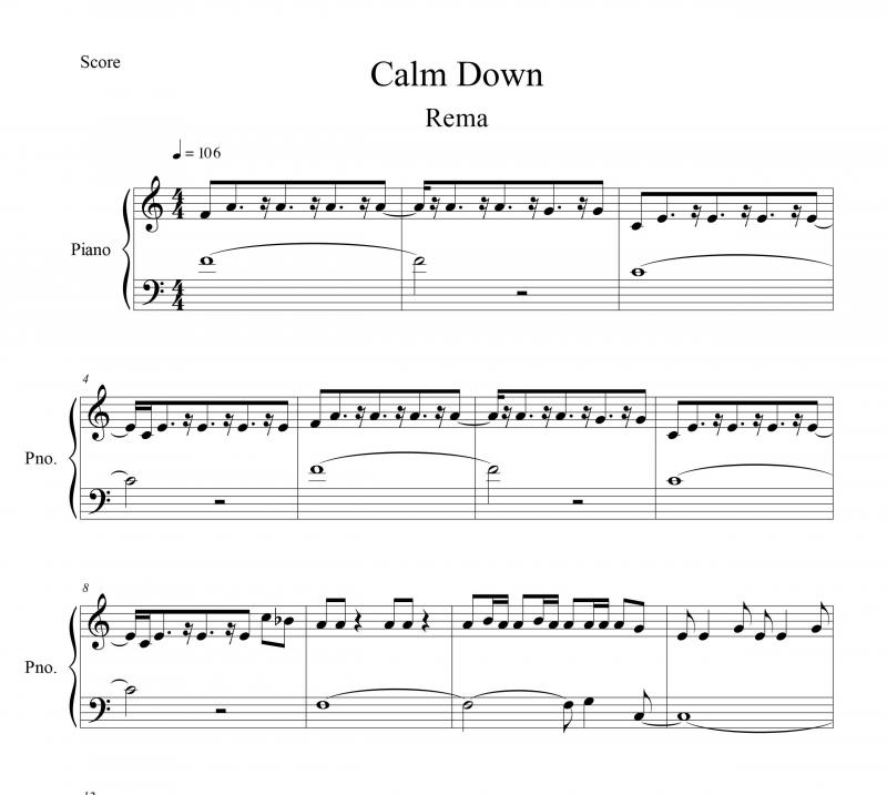 نت آهنگ Calm Down از Rema برای پیانو به آهنگسازی آندره ویبز و تنظیم سینا حسن پور