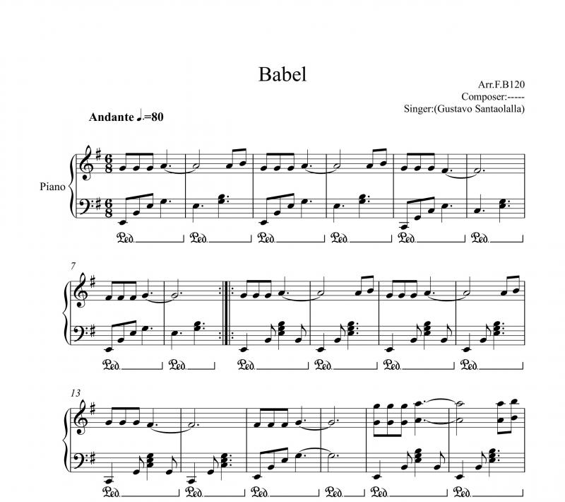 نت آهنگ بابل Babel از Gustavo Santaolalla برای پیانو به آهنگسازی گوستاوو سانتایولایا و تنظیم گروه نت دونی