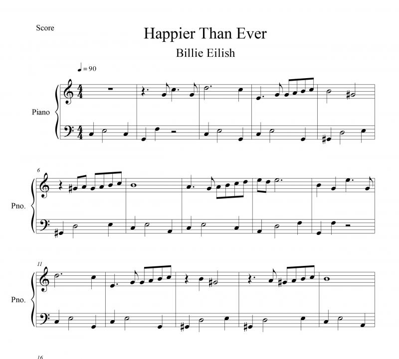 نت آهنگ Happier than ever برای پیانو به آهنگسازی بیلی آیلیش و تنظیم سینا حسن پور