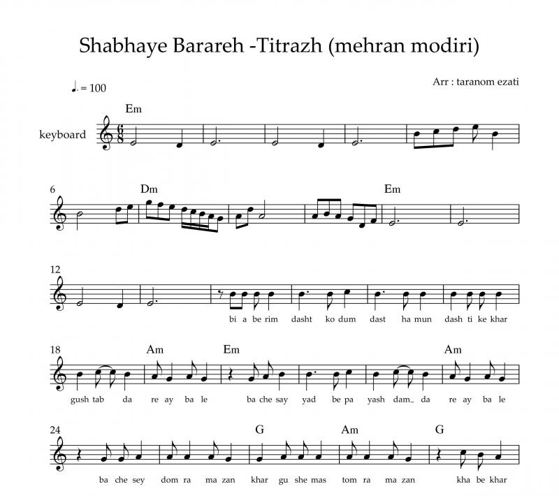 نت آهنگ تیتراژ سریال شب های برره به برای کیبورد به آهنگسازی بهرام دهقانیار و تنظیم ترنم عزتی