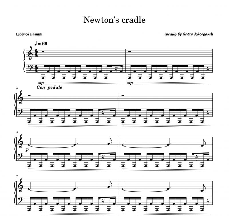 نت آهنگ گهواره ی نیوتون Newton's Cradle از Ludovico Einaudi برای پیانو به آهنگسازی لودویکو اناودی و تنظیم سالار خورسندی