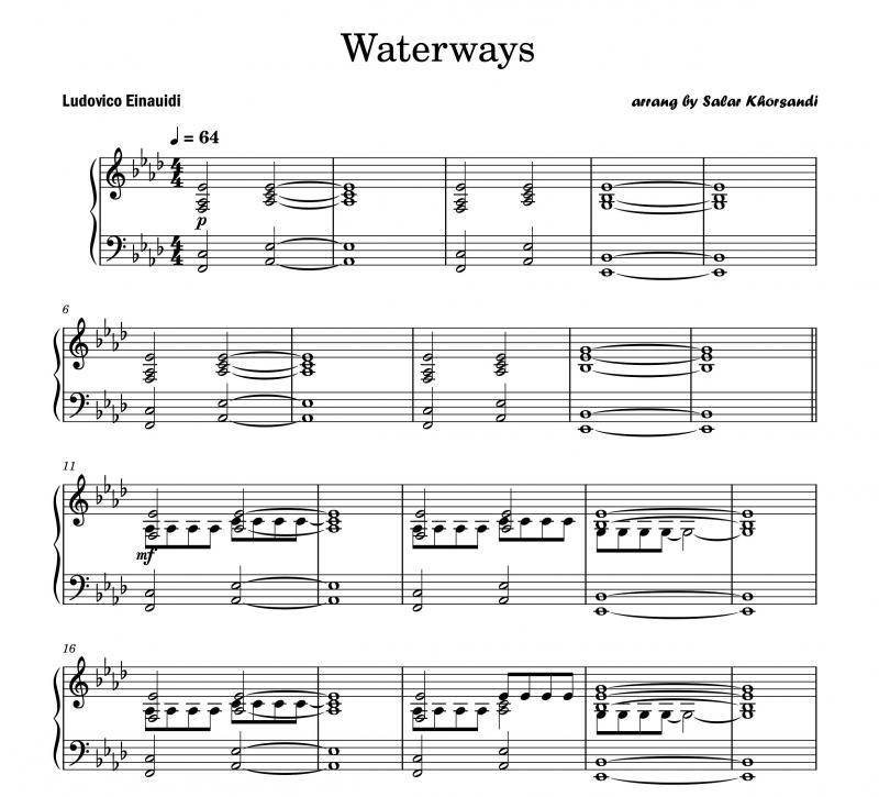 نت آهنگ Waterways از Ludovico Einaudi برای پیانو به آهنگسازی لودویکو اناودی و تنظیم سالار خورسندی