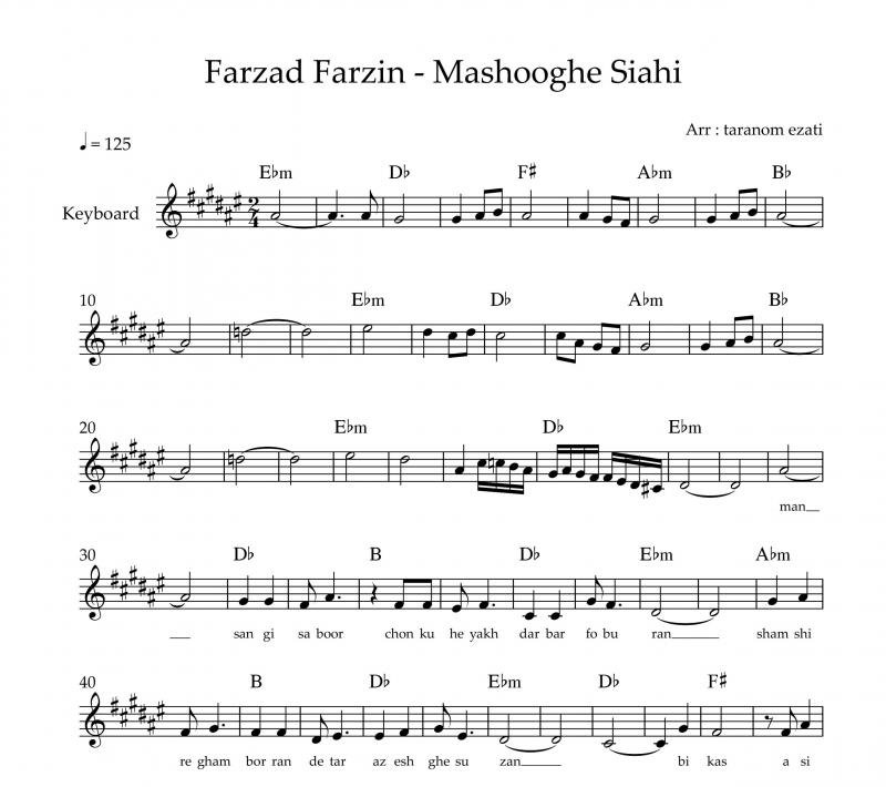 نت آهنگ معشوق سیاهی فرزاد فرزین به برای کیبورد به آهنگسازی یاشار صباحی و تنظیم ترنم عزتی
