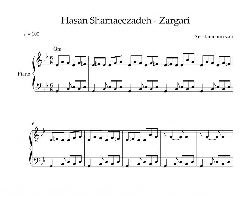 نت آهنگ زرگری حسن شماعی زاده برای پیانو به آهنگسازی شماعی‌زاده و تنظیم عزتی