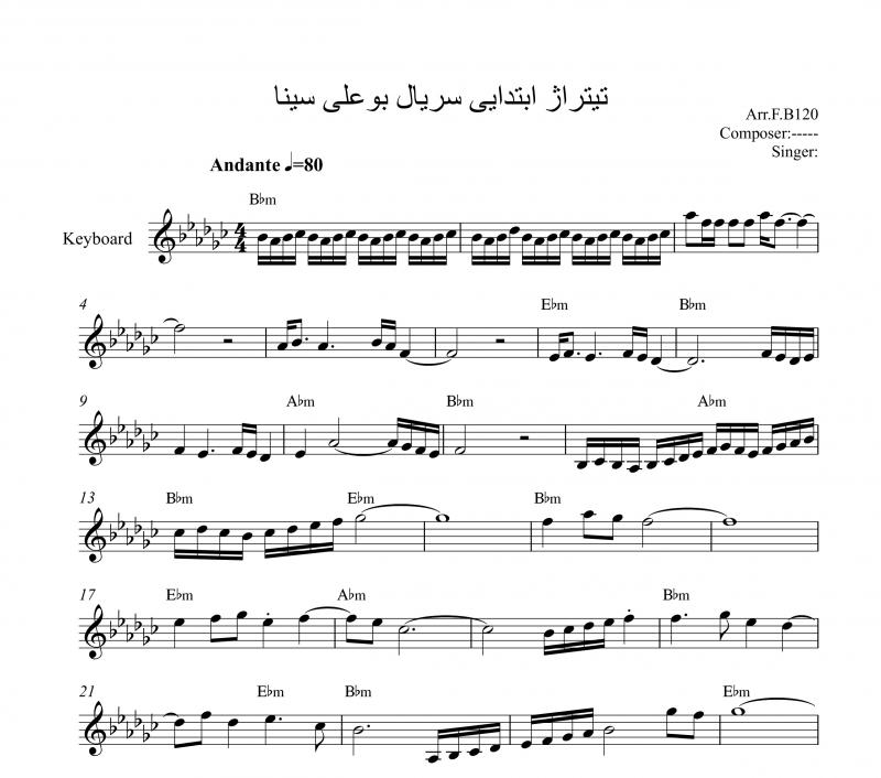 نت آهنگ تیتراژ ابتدایی سریال بو علی سینا به برای کیبورد به آهنگسازی فخرالدینی و تنظیم نت دونی