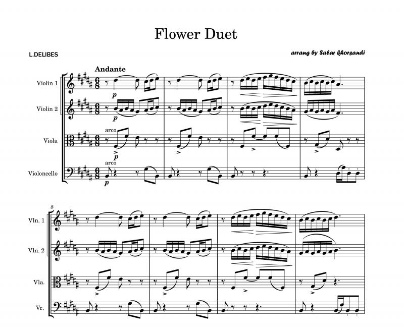 نت آهنگ Flower Duet برای کوارتت زهی برای ویولن به آهنگسازی دلیبس و تنظیم خورسندی